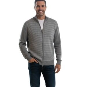 Bugatchi Mens Grey Full Zip Textured Knit Mock Neck Sweater Made in Italy Size L